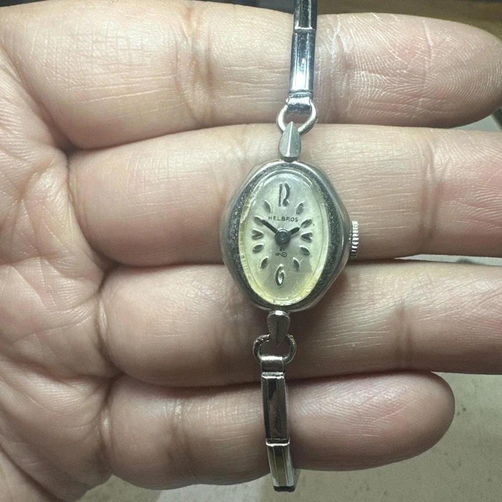 Working Vintage HELBROS Silver 21 jewels Manual Wind Ladies Watch 17mm‎ Fit 6.5